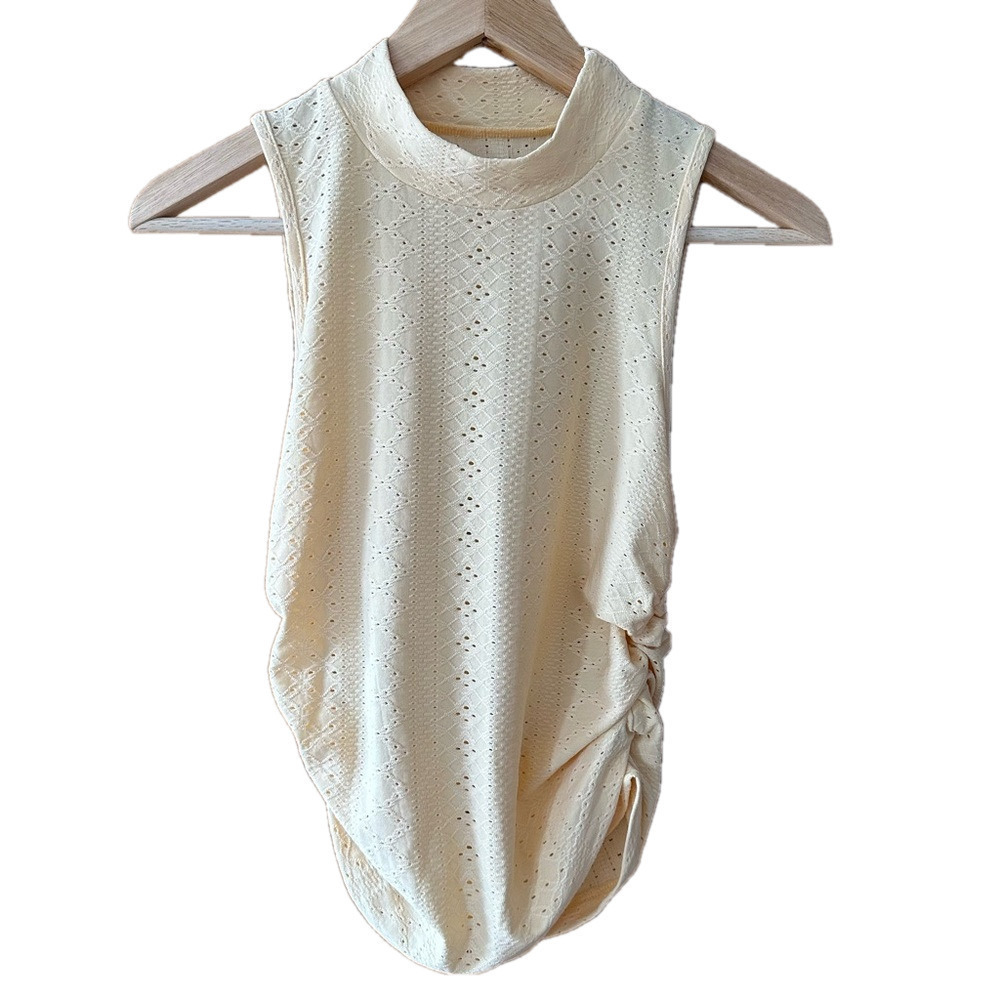 Butter Yellow Eyelet Mock Neck Ruched Sleeveless Top - Large
